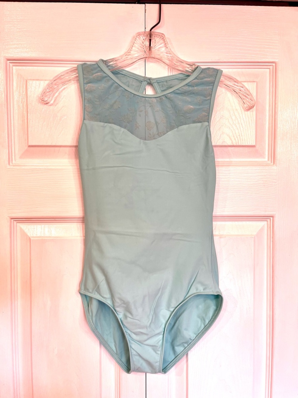 Women’s Wear Moi Powder Blue Mesh Yoke One-Piece Leotard.